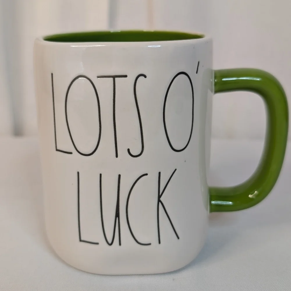 Rae Dunn Lots O' Luck Ceramic Coffee Tea Cup Mug White With Green Handle